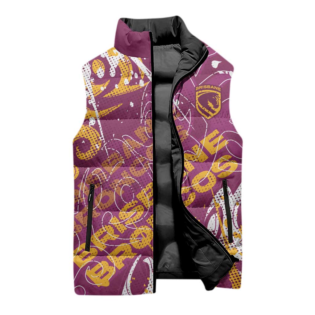 Personalized Brisbane Broncos Rugby Sleeveless Puffer Jacket Urban Street Graffiti Style - Distressed Splatter Elements