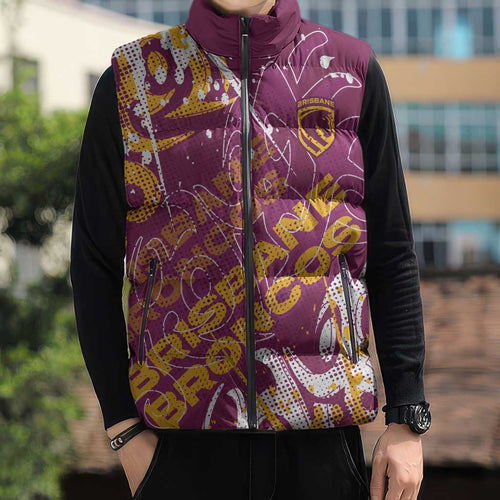 Personalized Brisbane Broncos Rugby Sleeveless Puffer Jacket Urban Street Graffiti Style - Distressed Splatter Elements