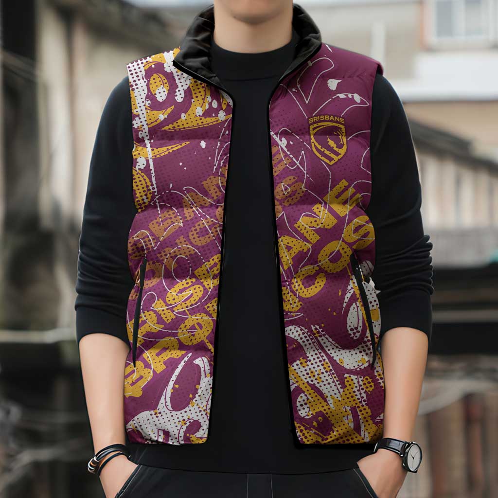 Personalized Brisbane Broncos Rugby Sleeveless Puffer Jacket Urban Street Graffiti Style - Distressed Splatter Elements