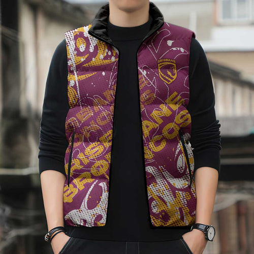 Personalized Brisbane Broncos Rugby Sleeveless Puffer Jacket Urban Street Graffiti Style - Distressed Splatter Elements