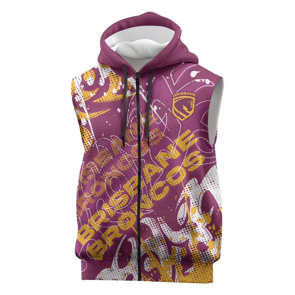 Personalized Brisbane Broncos Rugby Sleeveless Zip Hoodie Urban Street Graffiti Style - Distressed Splatter Elements