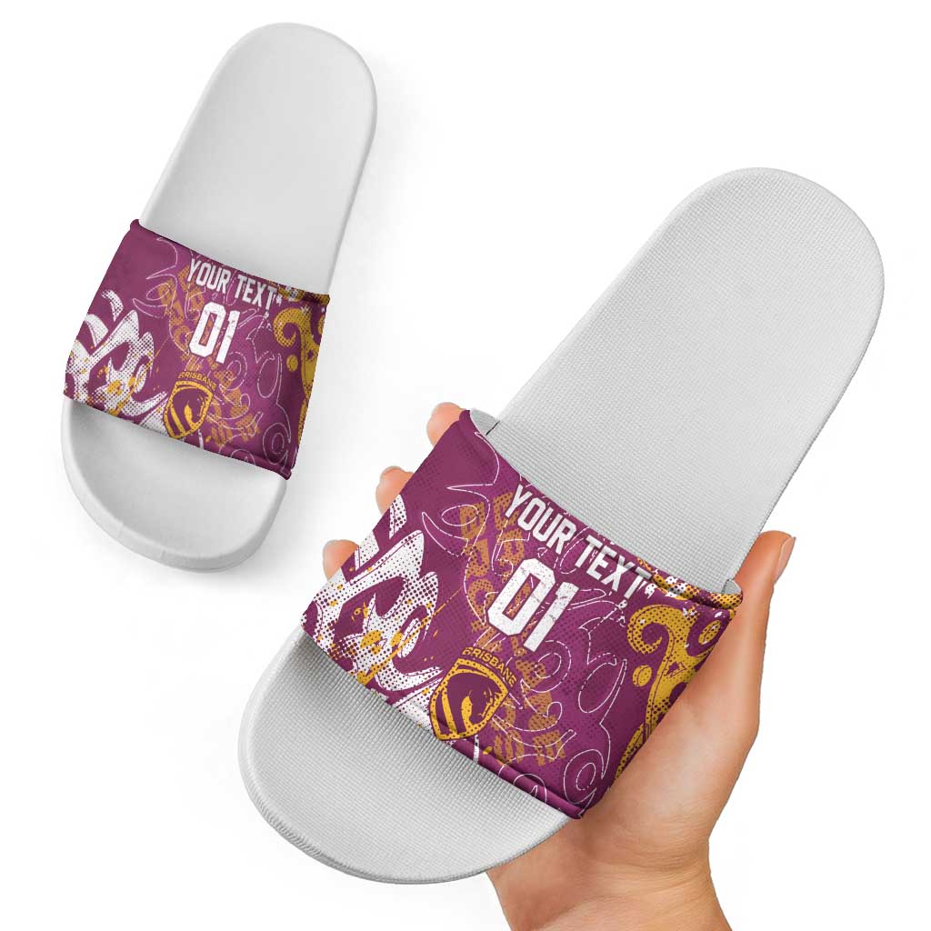 Personalized Brisbane Broncos Rugby Slide Sandals Urban Street Graffiti Style - Distressed Splatter Elements
