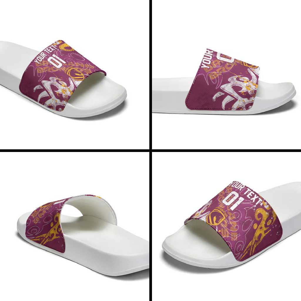 Personalized Brisbane Broncos Rugby Slide Sandals Urban Street Graffiti Style - Distressed Splatter Elements