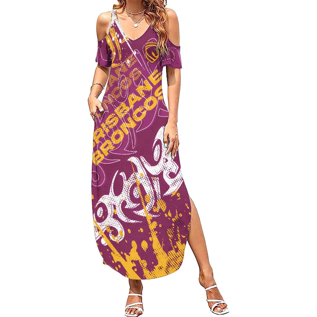 Personalized Brisbane Broncos Rugby Summer Maxi Dress Urban Street Graffiti Style - Distressed Splatter Elements