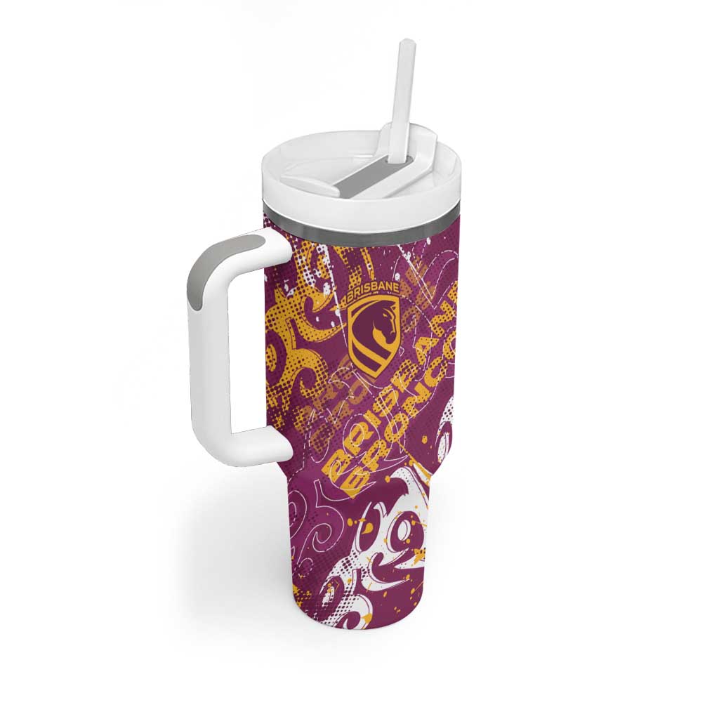 Personalized Brisbane Broncos Rugby Tumbler With Handle Urban Street Graffiti Style - Distressed Splatter Elements