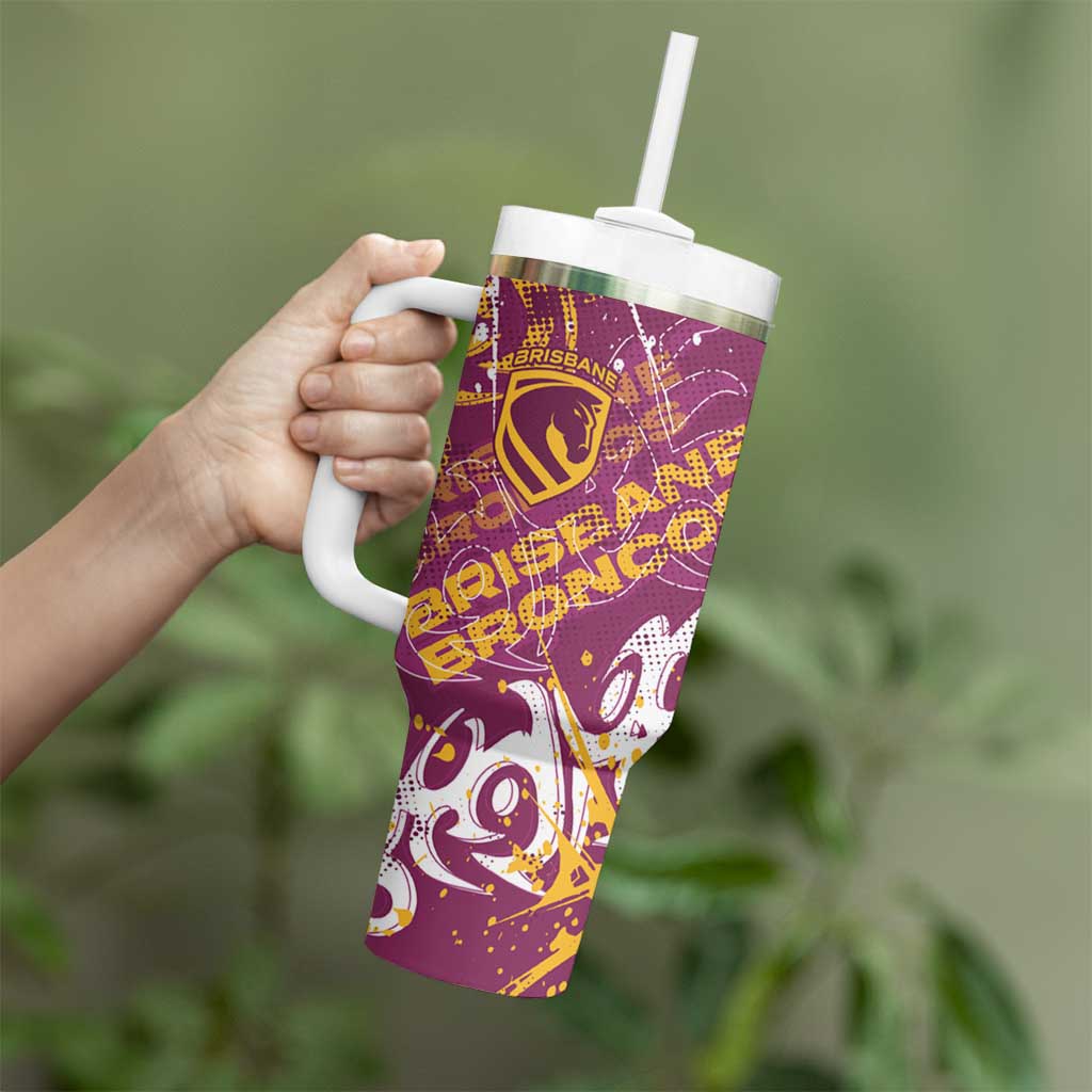 Personalized Brisbane Broncos Rugby Tumbler With Handle Urban Street Graffiti Style - Distressed Splatter Elements