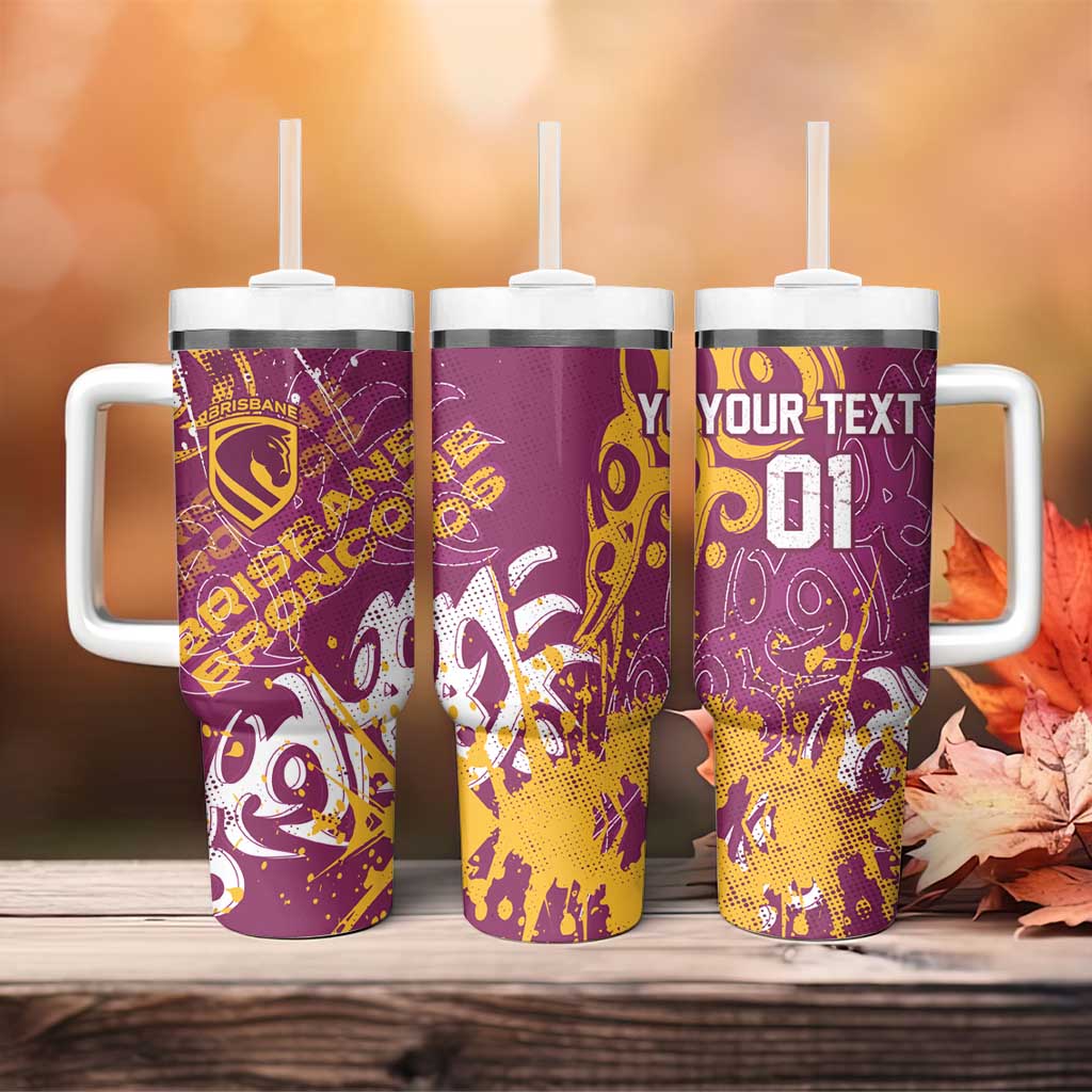 Personalized Brisbane Broncos Rugby Tumbler With Handle Urban Street Graffiti Style - Distressed Splatter Elements