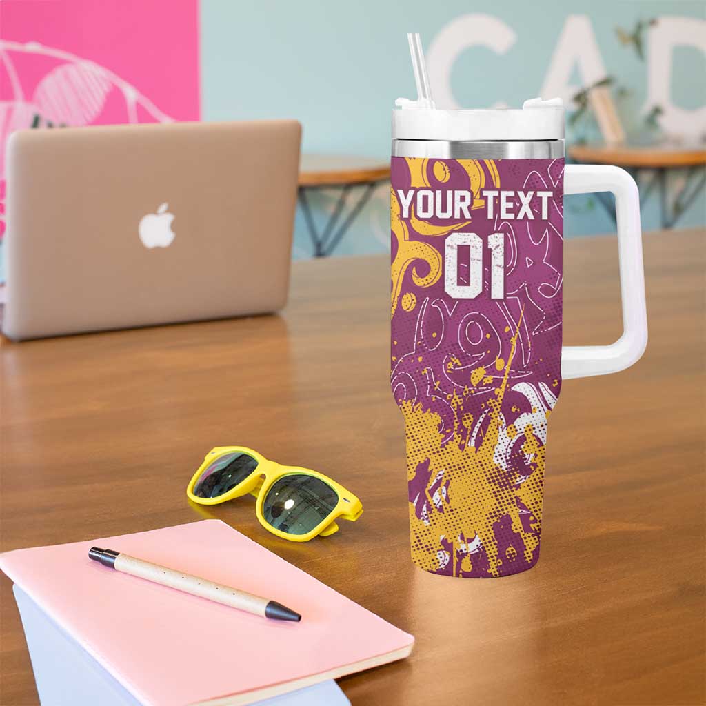 Personalized Brisbane Broncos Rugby Tumbler With Handle Urban Street Graffiti Style - Distressed Splatter Elements