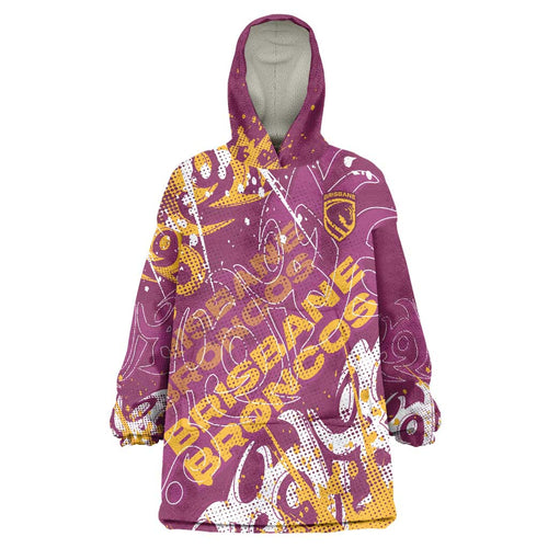 Personalized Brisbane Broncos Rugby Wearable Blanket Hoodie Urban Street Graffiti Style - Distressed Splatter Elements