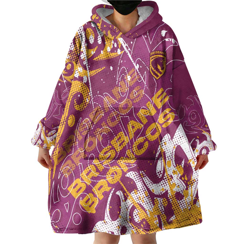 Personalized Brisbane Broncos Rugby Wearable Blanket Hoodie Urban Street Graffiti Style - Distressed Splatter Elements