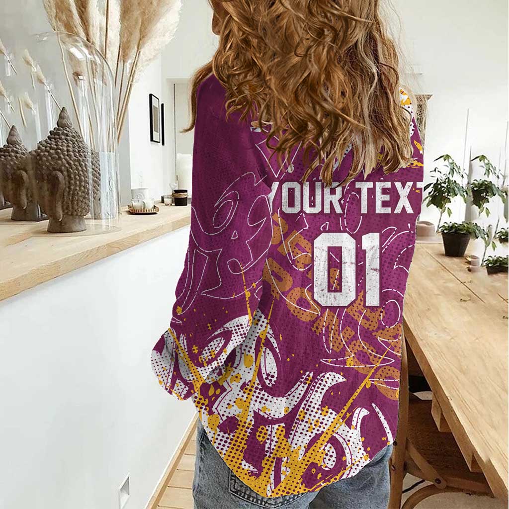 Personalized Brisbane Broncos Rugby Women Casual Shirt Urban Street Graffiti Style - Distressed Splatter Elements