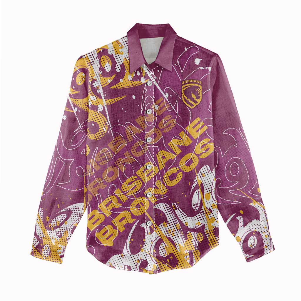 Personalized Brisbane Broncos Rugby Women Casual Shirt Urban Street Graffiti Style - Distressed Splatter Elements