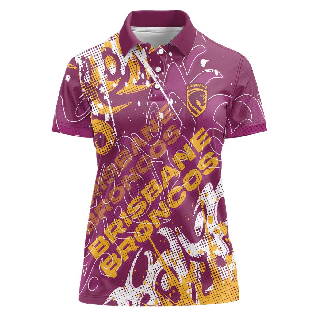 Personalized Brisbane Broncos Rugby Women Polo Shirt Urban Street Graffiti Style - Distressed Splatter Elements