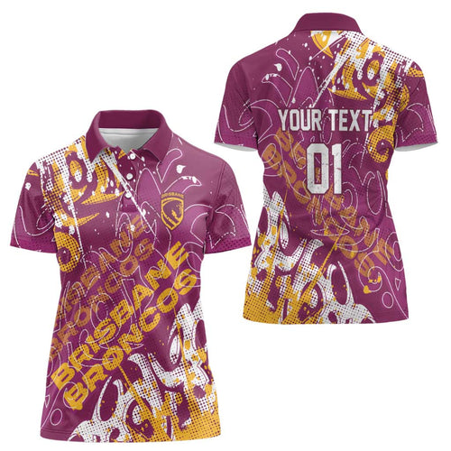 Personalized Brisbane Broncos Rugby Women Polo Shirt Urban Street Graffiti Style - Distressed Splatter Elements