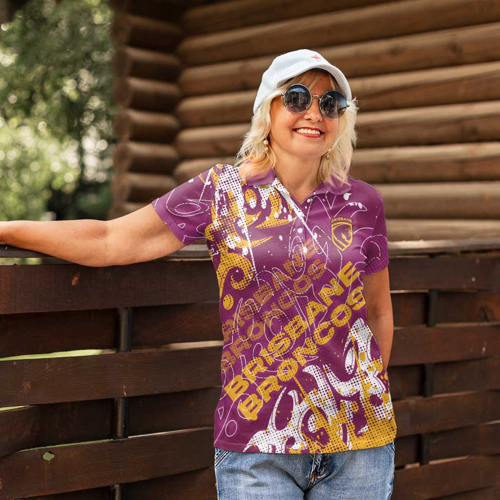 Personalized Brisbane Broncos Rugby Women Polo Shirt Urban Street Graffiti Style - Distressed Splatter Elements