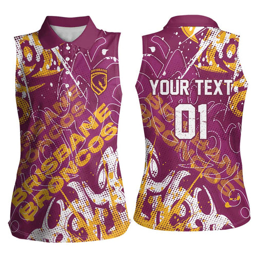Personalized Brisbane Broncos Rugby Women Sleeveless Polo Shirt Urban Street Graffiti Style - Distressed Splatter Elements