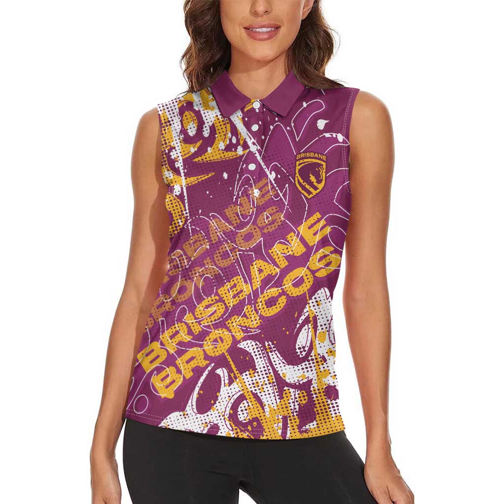 Personalized Brisbane Broncos Rugby Women Sleeveless Polo Shirt Urban Street Graffiti Style - Distressed Splatter Elements