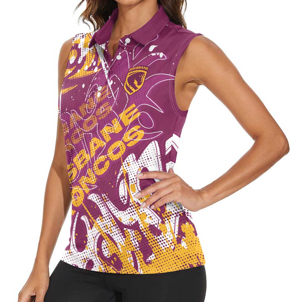 Personalized Brisbane Broncos Rugby Women Sleeveless Polo Shirt Urban Street Graffiti Style - Distressed Splatter Elements