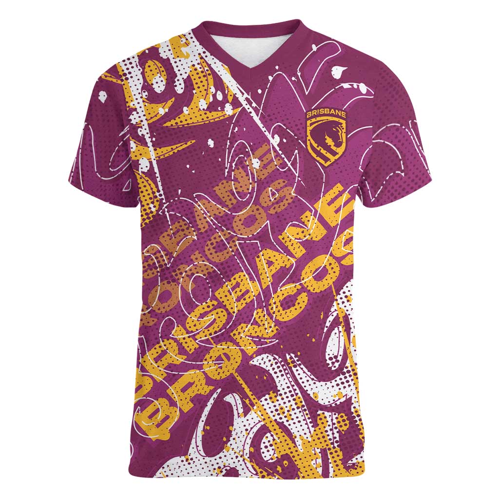Personalized Brisbane Broncos Rugby Women V-Neck T-Shirt Urban Street Graffiti Style - Distressed Splatter Elements