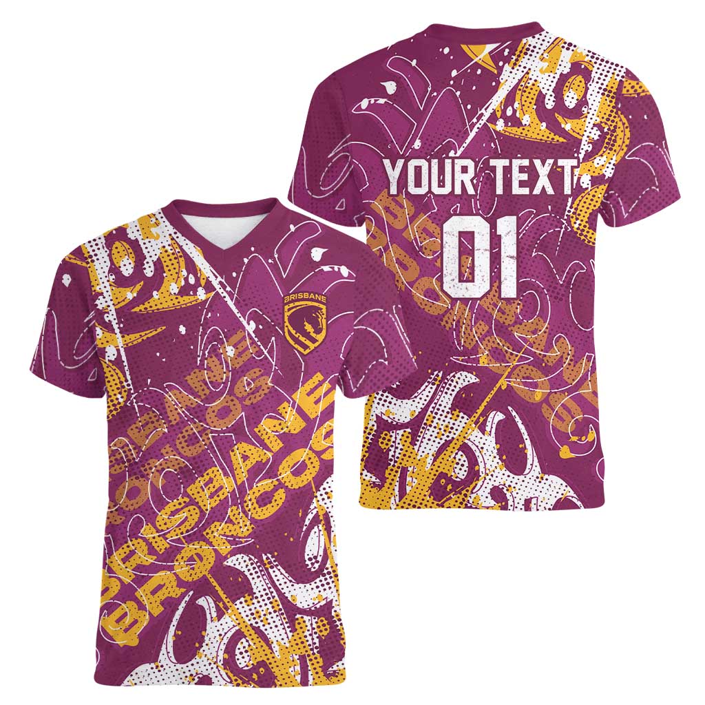 Personalized Brisbane Broncos Rugby Women V-Neck T-Shirt Urban Street Graffiti Style - Distressed Splatter Elements