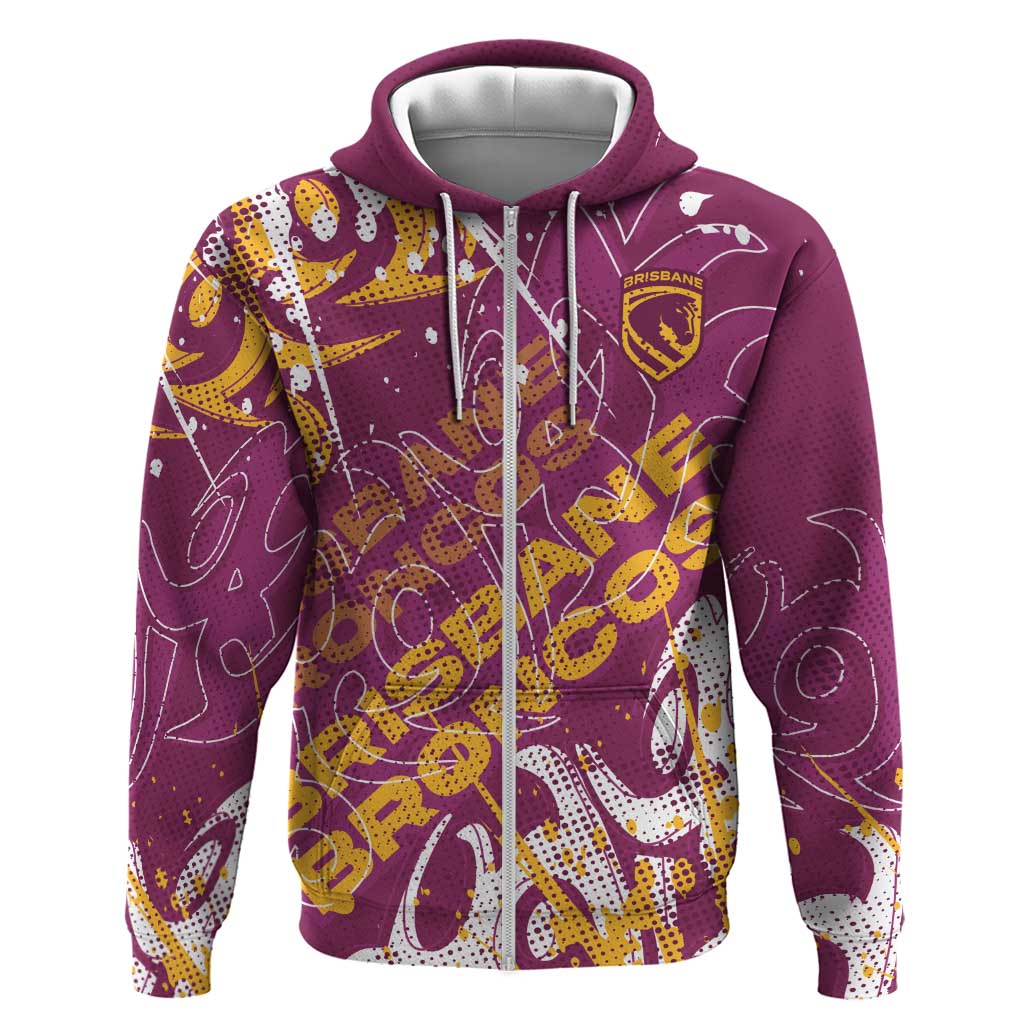 Personalized Brisbane Broncos Rugby Zip Hoodie Urban Street Graffiti Style - Distressed Splatter Elements