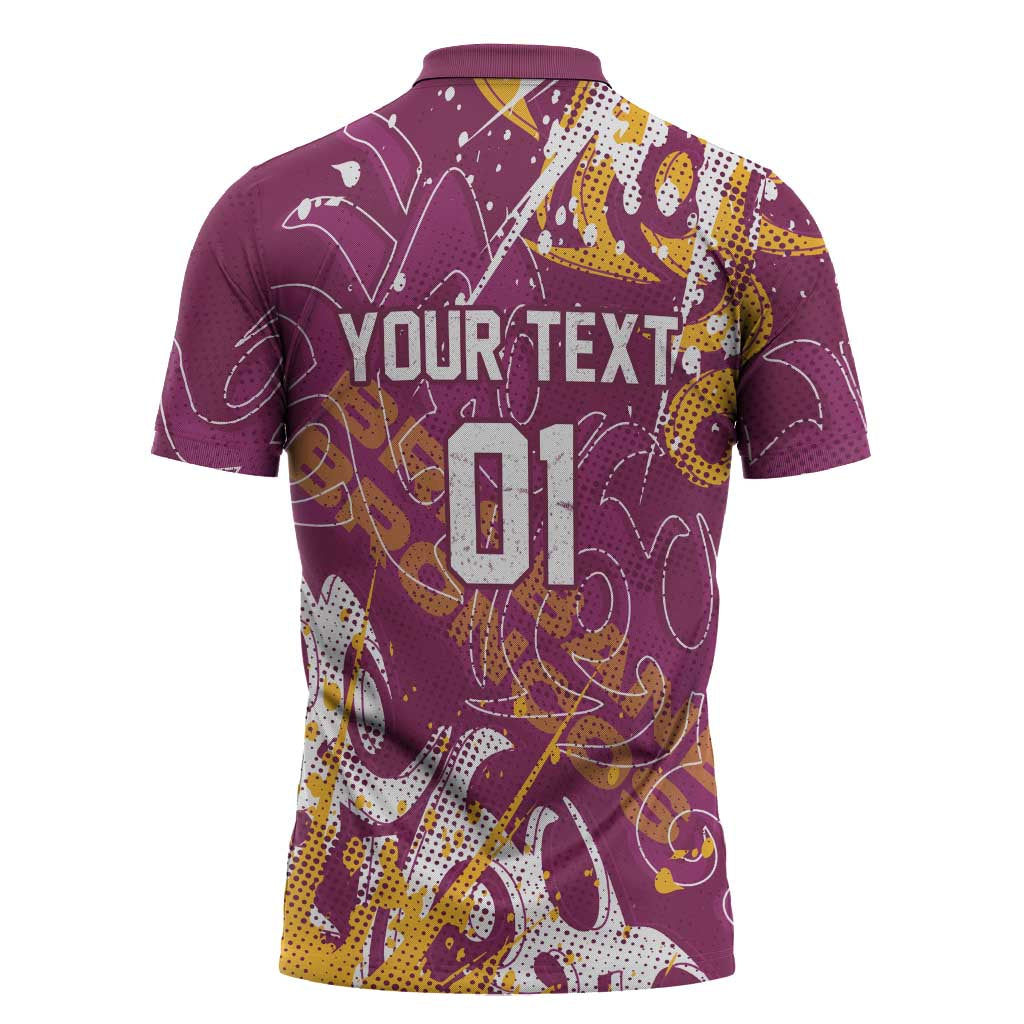 Personalized Brisbane Broncos Rugby Zipper Polo Shirt Urban Street Graffiti Style - Distressed Splatter Elements