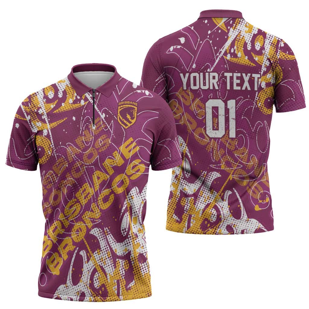 Personalized Brisbane Broncos Rugby Zipper Polo Shirt Urban Street Graffiti Style - Distressed Splatter Elements
