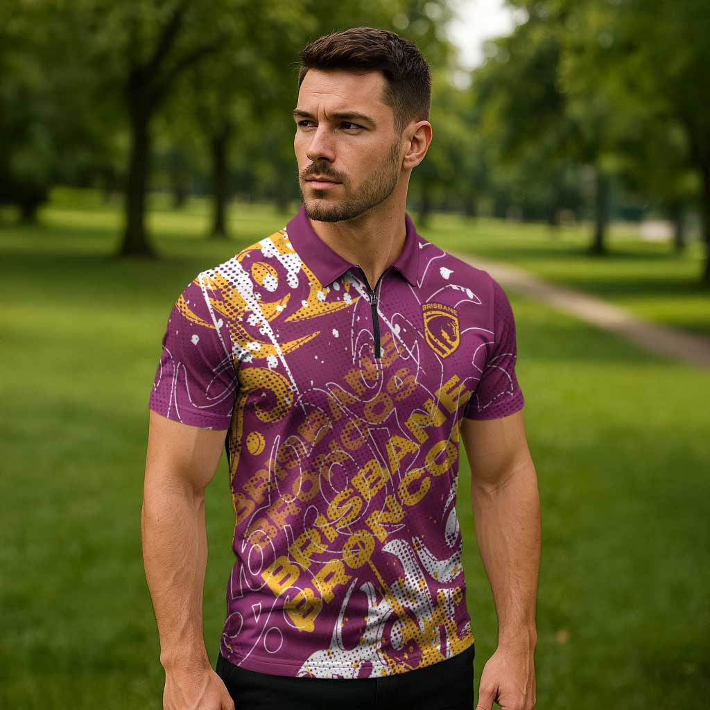 Personalized Brisbane Broncos Rugby Zipper Polo Shirt Urban Street Graffiti Style - Distressed Splatter Elements