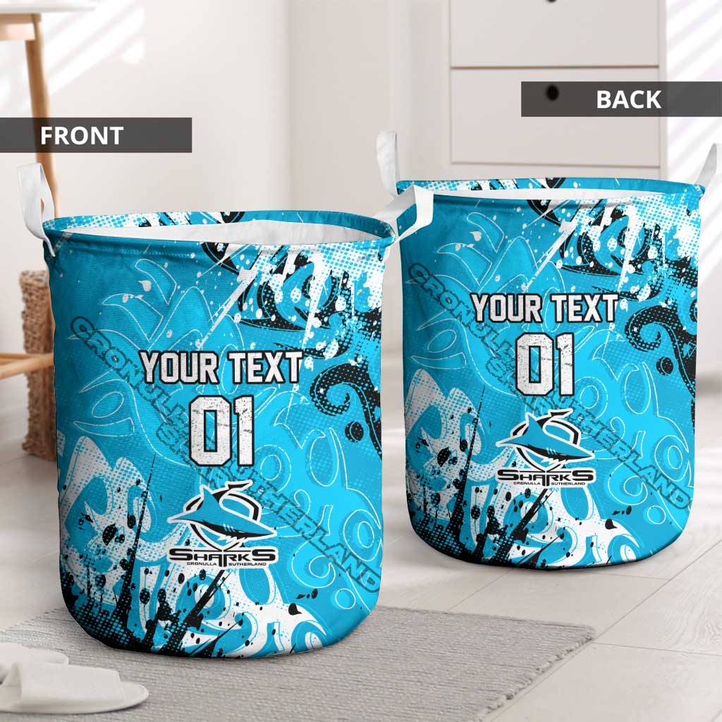 Personalized Cronulla-Sutherland Sharks Rugby Laundry Basket Urban Street Graffiti Style - Distressed Splatter Elements