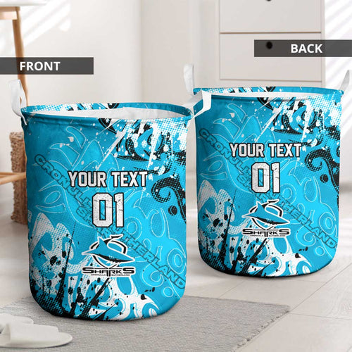 Personalized Cronulla-Sutherland Sharks Rugby Laundry Basket Urban Street Graffiti Style - Distressed Splatter Elements