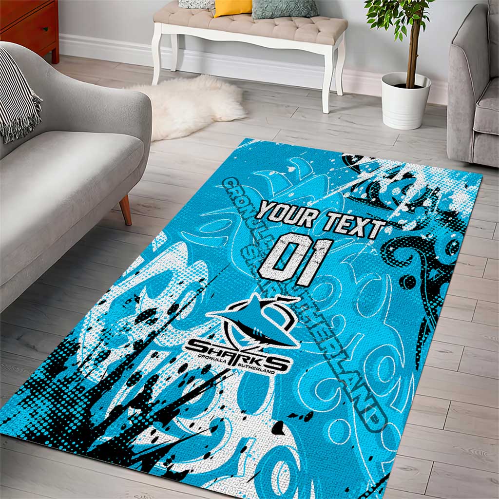 Personalized Cronulla-Sutherland Sharks Rugby Area Rug Urban Street Graffiti Style - Distressed Splatter Elements