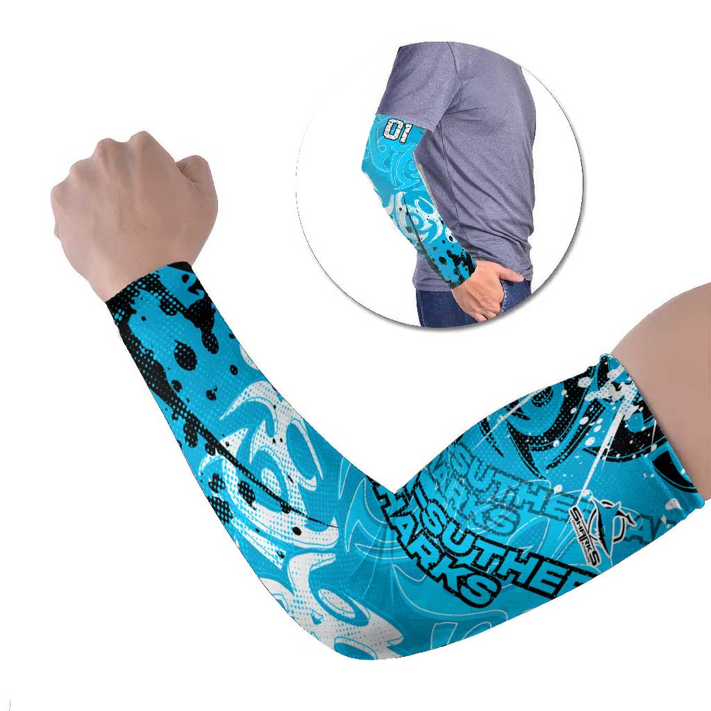 Personalized Cronulla-Sutherland Sharks Rugby Arm Sleeves Urban Street Graffiti Style - Distressed Splatter Elements