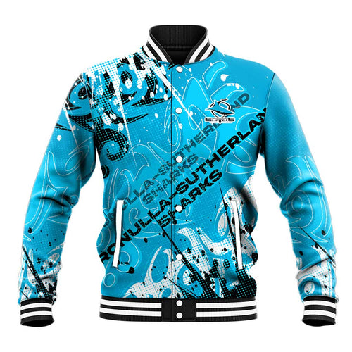 Personalized Cronulla-Sutherland Sharks Rugby Baseball Jacket Urban Street Graffiti Style - Distressed Splatter Elements