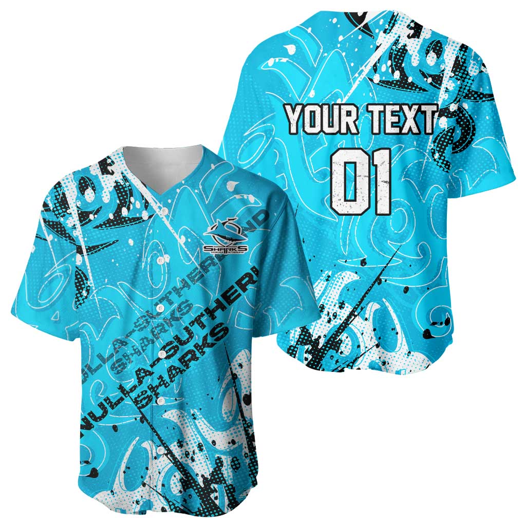 Personalized Cronulla-Sutherland Sharks Rugby Baseball Jersey Urban Street Graffiti Style - Distressed Splatter Elements