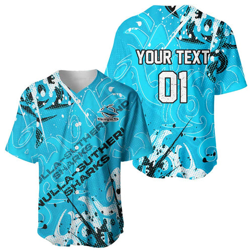 Personalized Cronulla-Sutherland Sharks Rugby Baseball Jersey Urban Street Graffiti Style - Distressed Splatter Elements