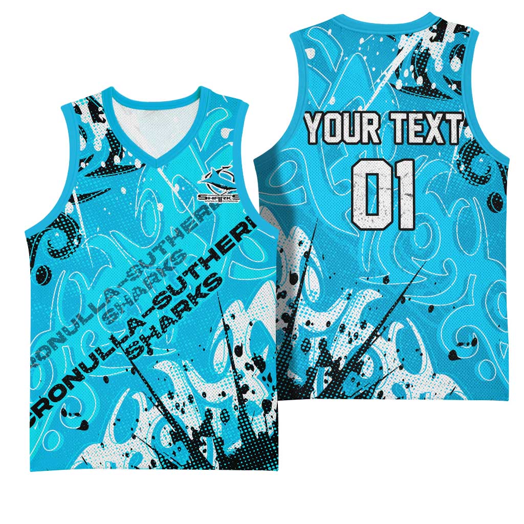 Personalized Cronulla-Sutherland Sharks Rugby Basketball Jersey Urban Street Graffiti Style - Distressed Splatter Elements