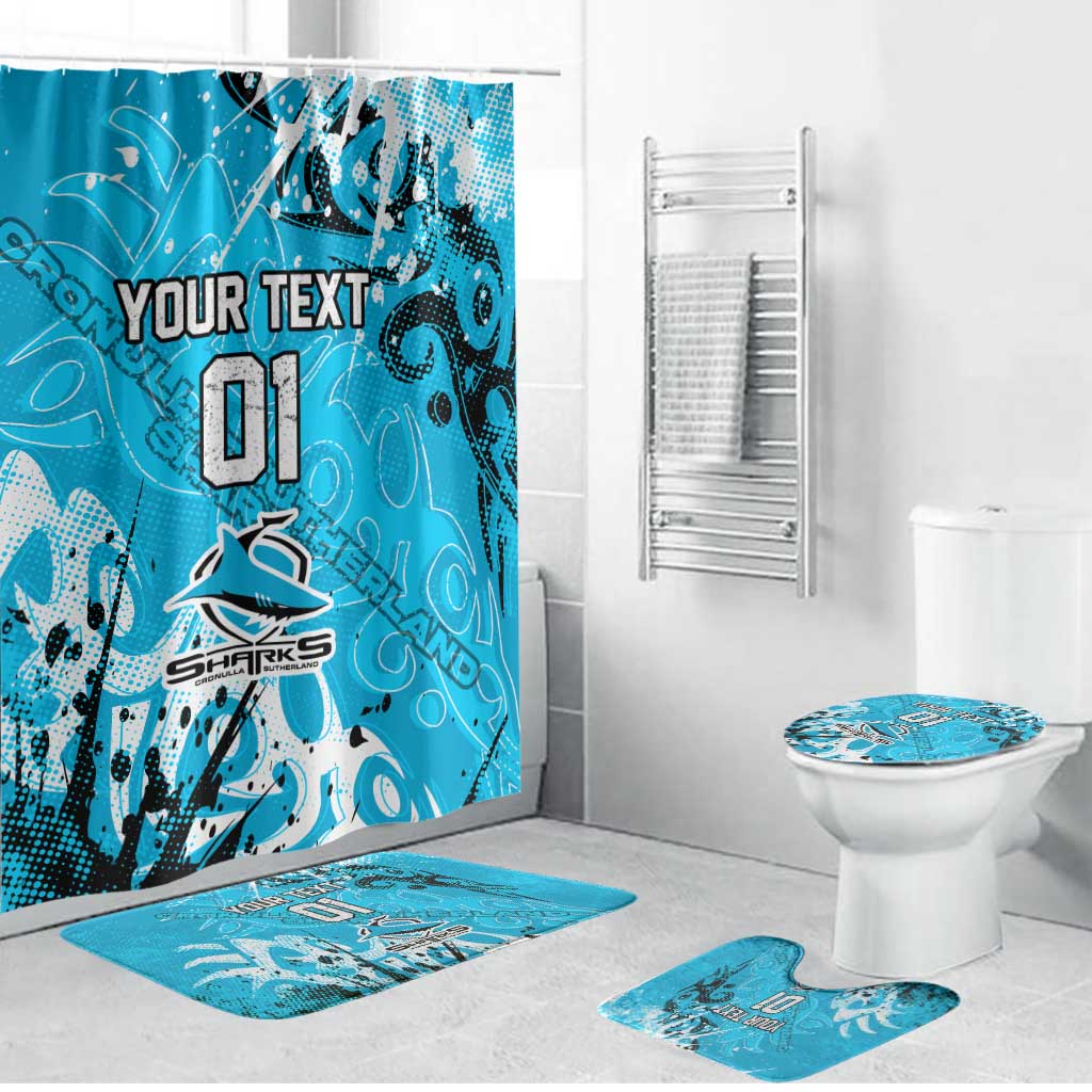 Personalized Cronulla-Sutherland Sharks Rugby Bathroom Set Urban Street Graffiti Style - Distressed Splatter Elements