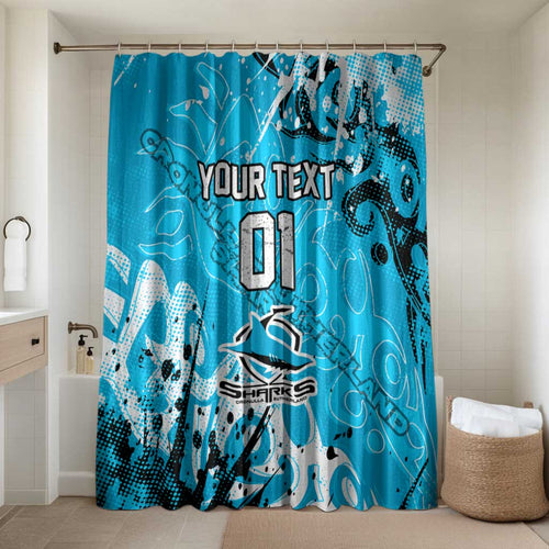 Personalized Cronulla-Sutherland Sharks Rugby Bathroom Set Urban Street Graffiti Style - Distressed Splatter Elements