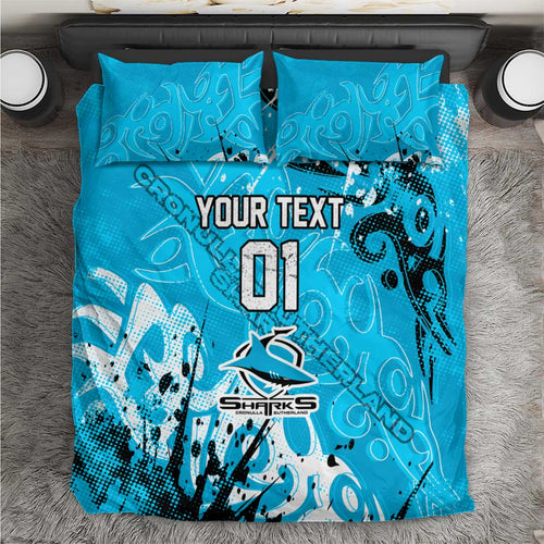 Personalized Cronulla-Sutherland Sharks Rugby Bedding Set Urban Street Graffiti Style - Distressed Splatter Elements