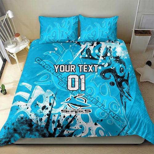 Personalized Cronulla-Sutherland Sharks Rugby Bedding Set Urban Street Graffiti Style - Distressed Splatter Elements