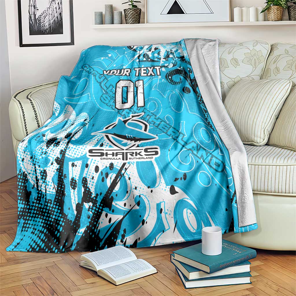 Personalized Cronulla-Sutherland Sharks Rugby Blanket Urban Street Graffiti Style - Distressed Splatter Elements