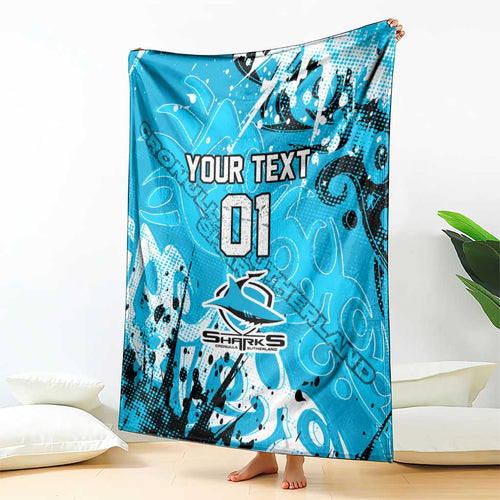 Personalized Cronulla-Sutherland Sharks Rugby Blanket Urban Street Graffiti Style - Distressed Splatter Elements