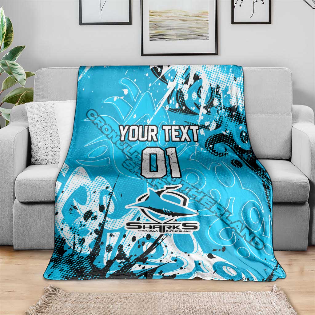 Personalized Cronulla-Sutherland Sharks Rugby Blanket Urban Street Graffiti Style - Distressed Splatter Elements