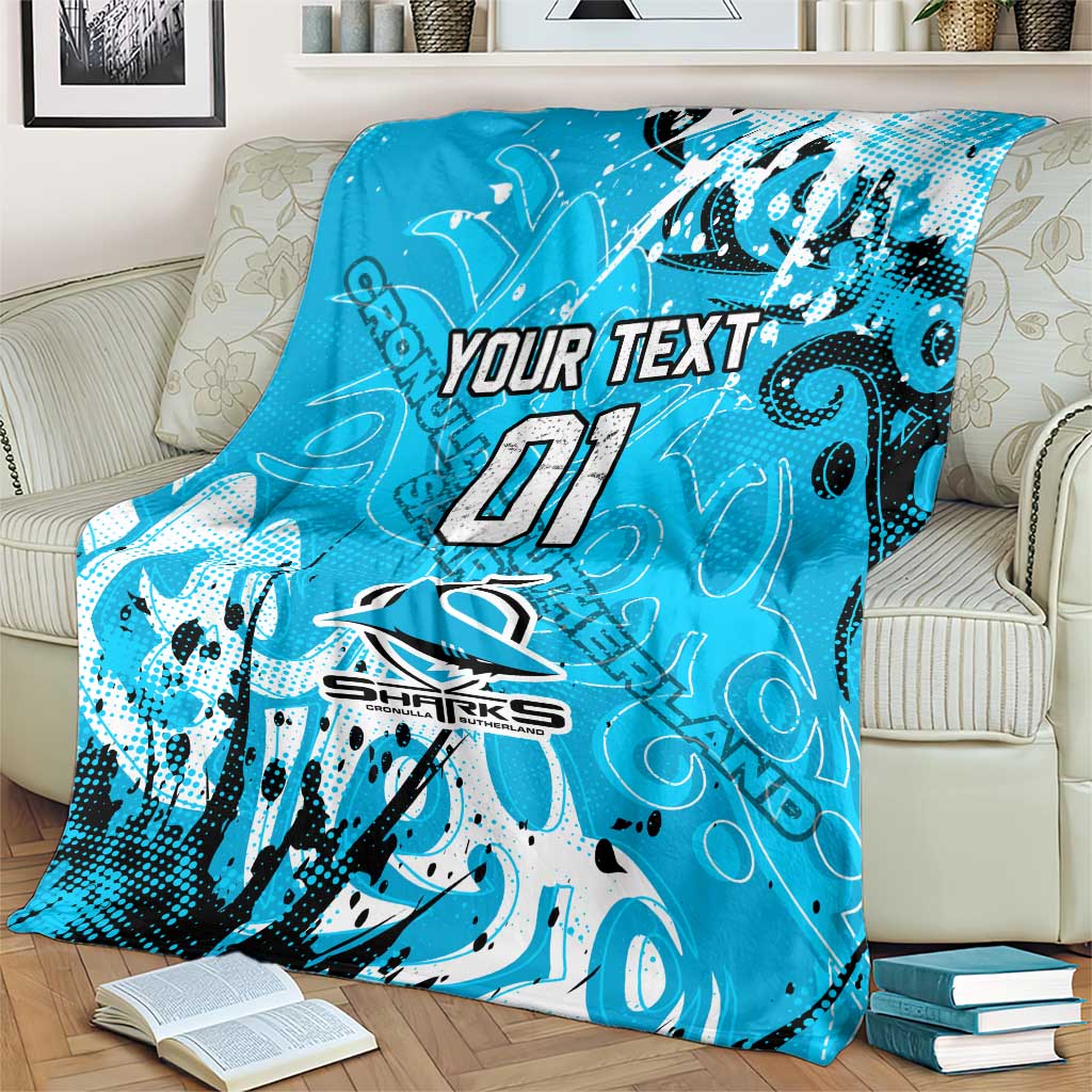 Personalized Cronulla-Sutherland Sharks Rugby Blanket Urban Street Graffiti Style - Distressed Splatter Elements