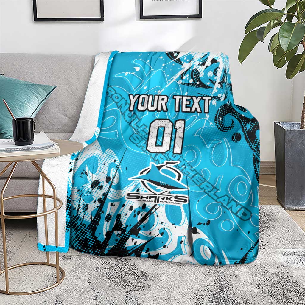 Personalized Cronulla-Sutherland Sharks Rugby Blanket Urban Street Graffiti Style - Distressed Splatter Elements