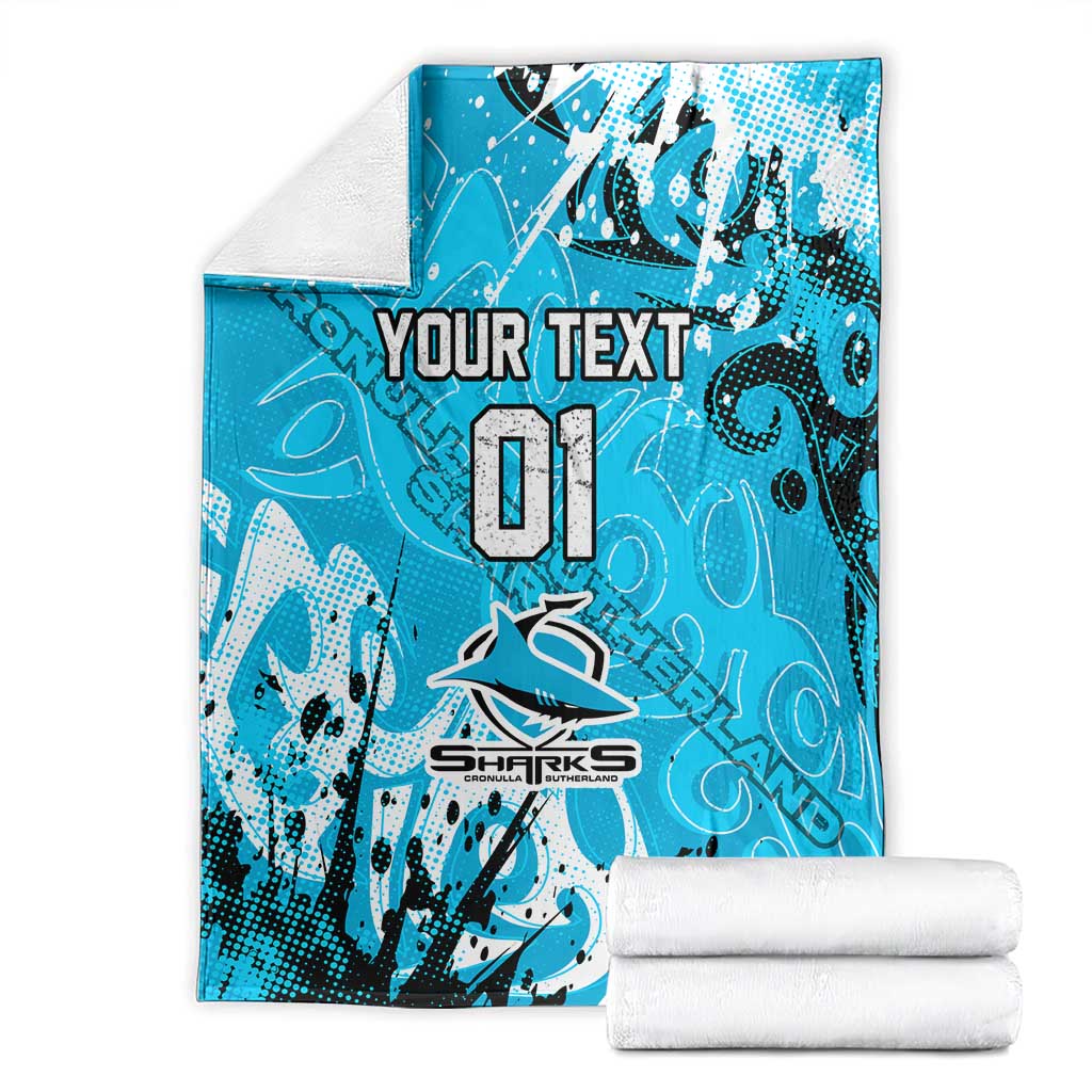 Personalized Cronulla-Sutherland Sharks Rugby Blanket Urban Street Graffiti Style - Distressed Splatter Elements
