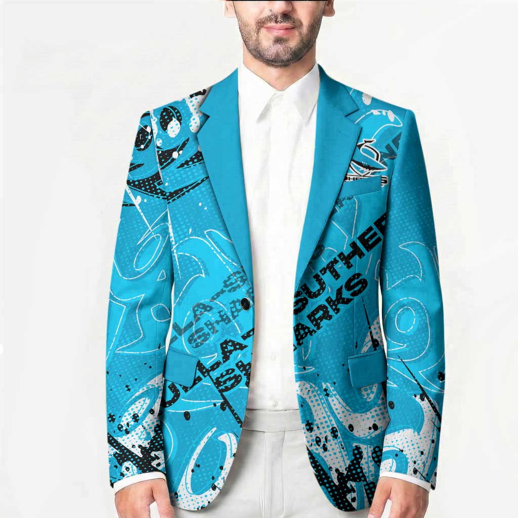 Personalized Cronulla-Sutherland Sharks Rugby Blazer Urban Street Graffiti Style - Distressed Splatter Elements