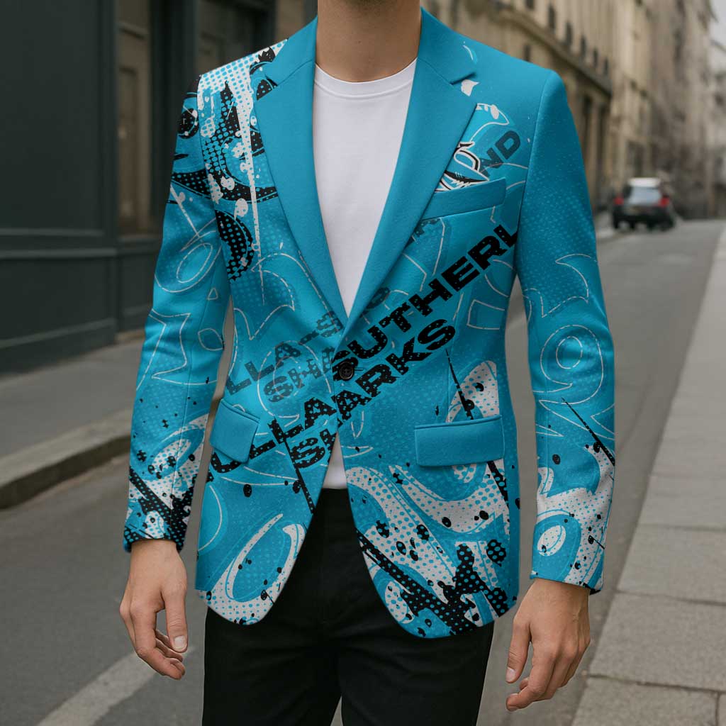 Personalized Cronulla-Sutherland Sharks Rugby Blazer Urban Street Graffiti Style - Distressed Splatter Elements