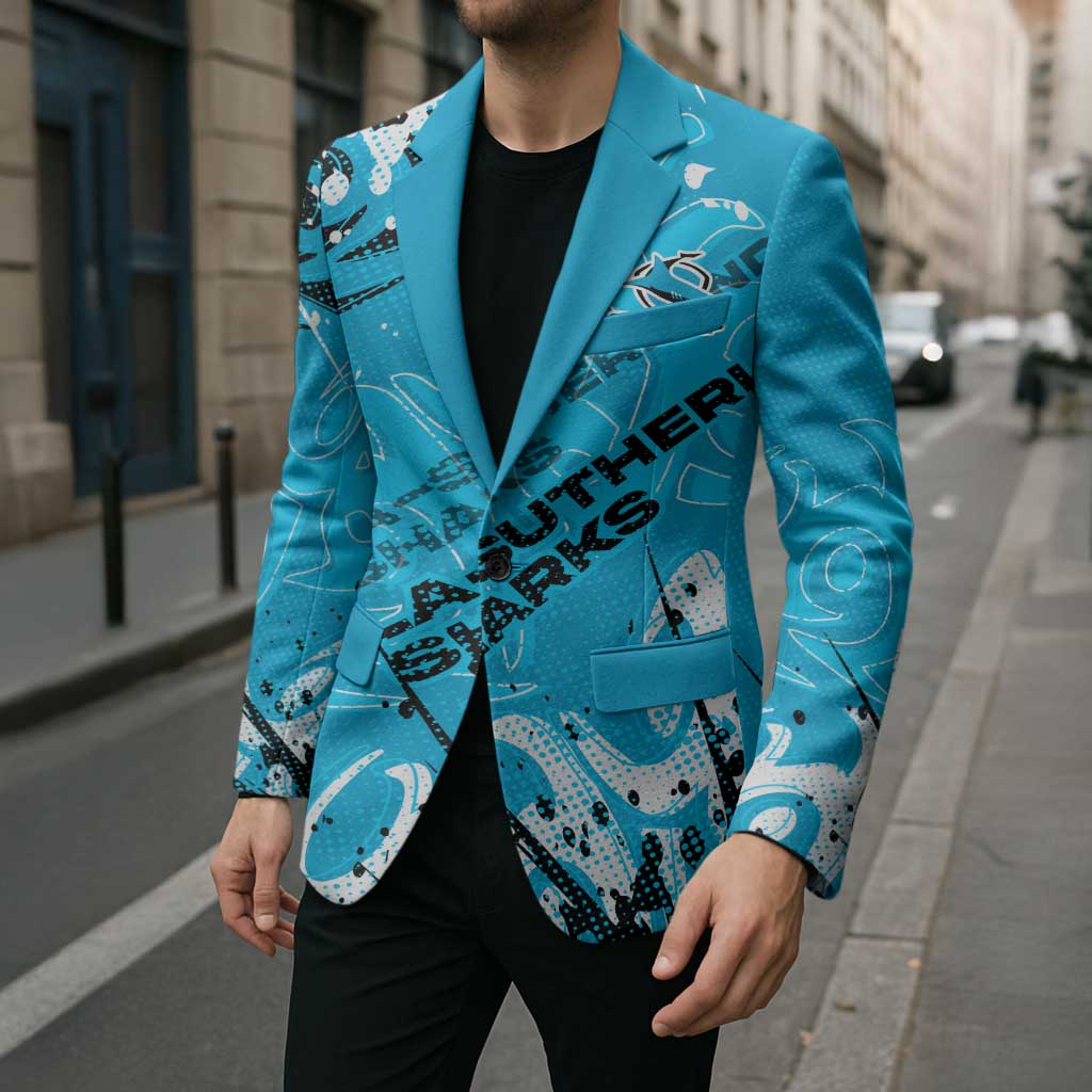 Personalized Cronulla-Sutherland Sharks Rugby Blazer Urban Street Graffiti Style - Distressed Splatter Elements