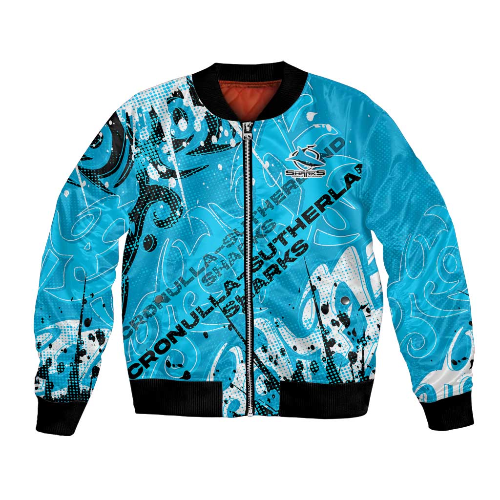 Personalized Cronulla-Sutherland Sharks Rugby Bomber Jacket Urban Street Graffiti Style - Distressed Splatter Elements